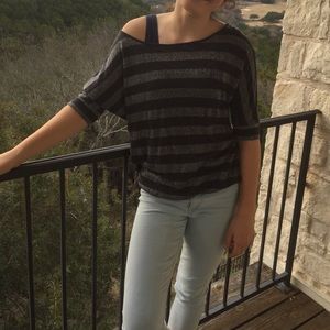 Striped Black/Silver Sheer Midi Sleeve Top